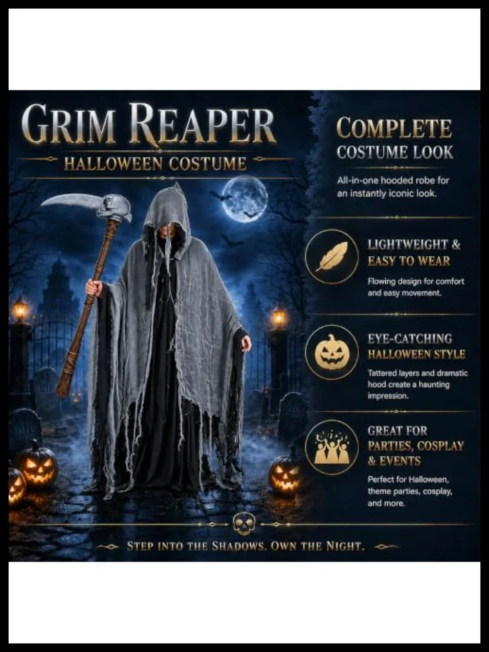 Kids Grim Reaper Hooded Cape Costume Set Scythe Prop Cosplay
